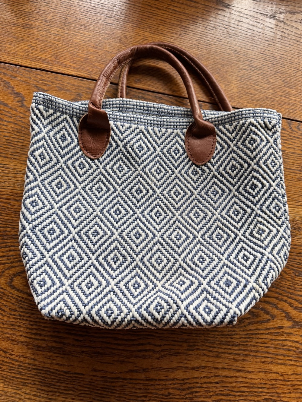 Annie Selke Fresh American Woven Diamond Pattern Tote Bag Brown  Leather Handles